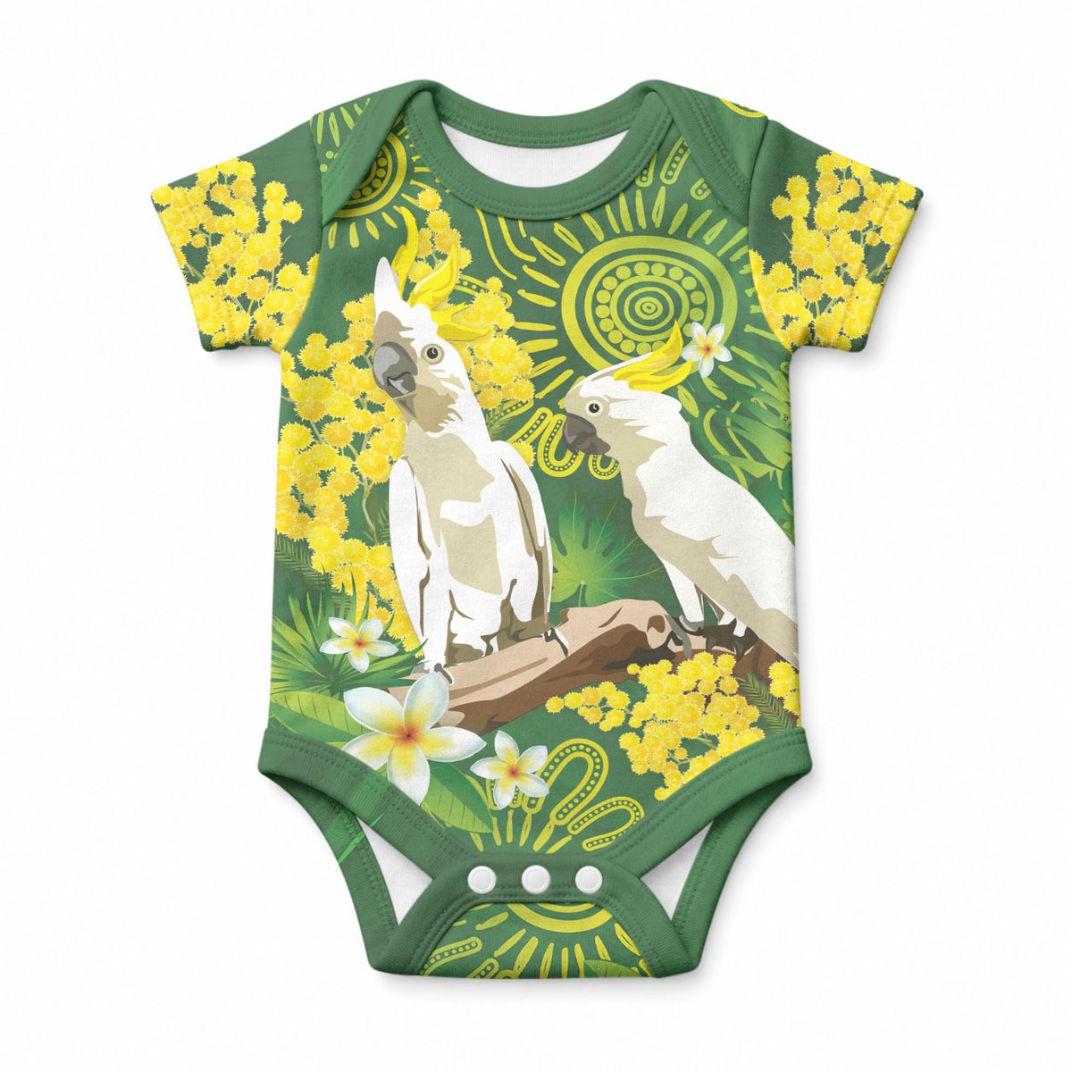 Personalised Australia Golden Wattle And Cacatua Galerita Baby Onesie Aboriginal Art