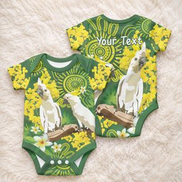 Personalised Australia Golden Wattle And Cacatua Galerita Baby Onesie Aboriginal Art