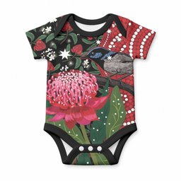 Personalised Australia Waratah And Superb Fairywren Baby Onesie Aboriginal Art