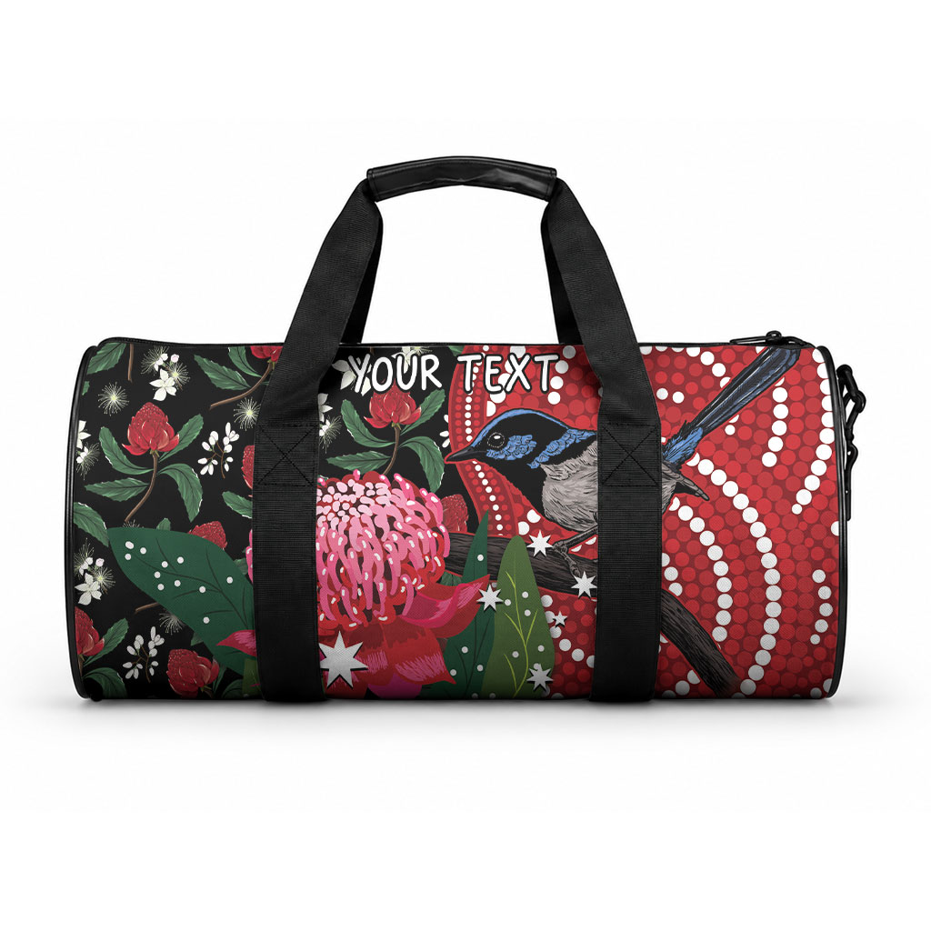 Personalised Australia Waratah And Superb Fairywren Duffle Bag Aboriginal Art