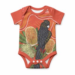 Personalised Australia Banksia And Black Cockatoo Baby Onesie Aboriginal Art
