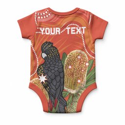 Personalised Australia Banksia And Black Cockatoo Baby Onesie Aboriginal Art