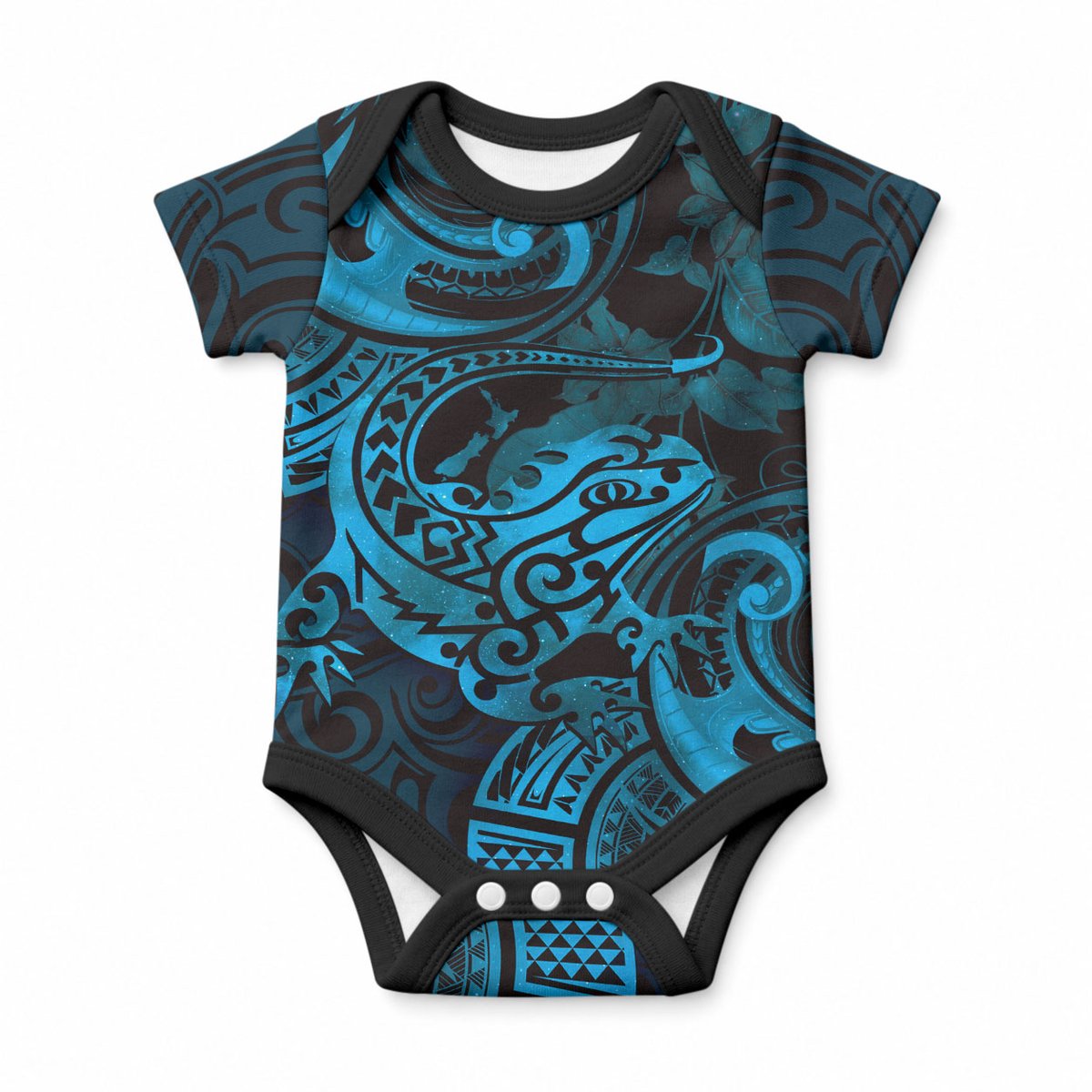 New Zealand Tuatara Baby Onesie Aotearoa Maori Clematis Flowers - Blue
