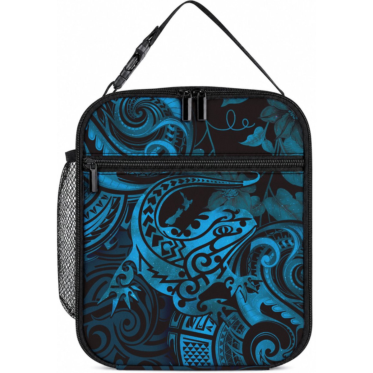 New Zealand Tuatara Lunch Bag Aotearoa Maori Clematis Flowers - Blue