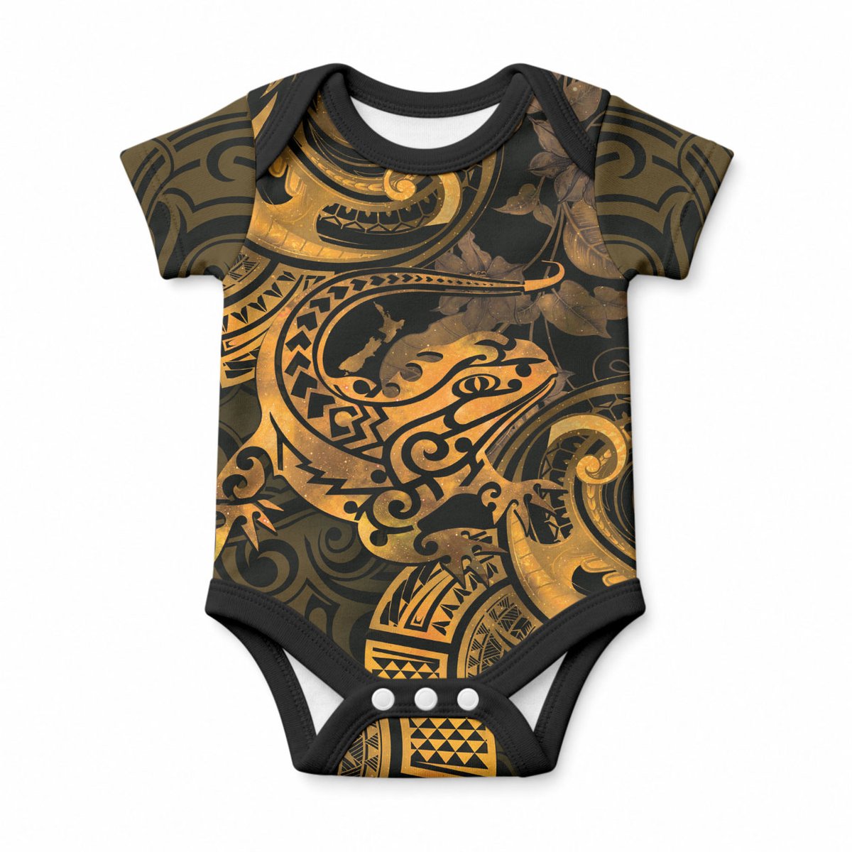 New Zealand Tuatara Baby Onesie Aotearoa Maori Clematis Flowers - Gold
