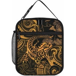 New Zealand Tuatara Lunch Bag Aotearoa Maori Clematis Flowers - Gold