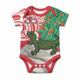 Personalised New Zealand Tuatara Christmas Baby Onesie Meri Kirihimete Aotearoa Maori Mix Pohutukawa