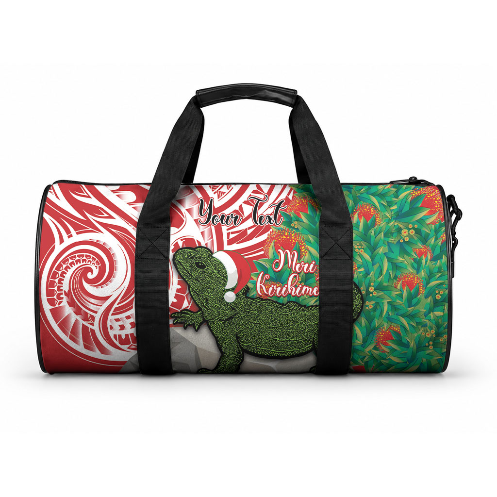 Personalised New Zealand Tuatara Christmas Duffle Bag Meri Kirihimete Aotearoa Maori Mix Pohutukawa
