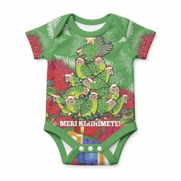Kakapo New Zealand Christmas Baby Onesie Meri Kirihimete Pohutukawa - Green Color