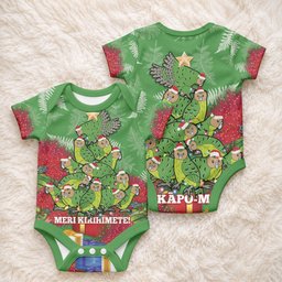 Kakapo New Zealand Christmas Baby Onesie Meri Kirihimete Pohutukawa - Green Color