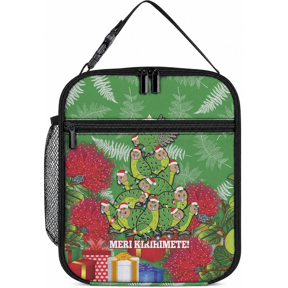 Kakapo New Zealand Christmas Lunch Bag Meri Kirihimete Pohutukawa - Green Color
