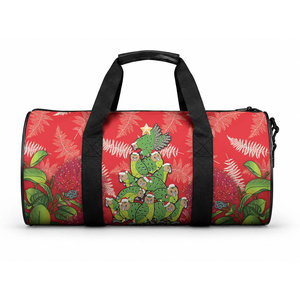 Kakapo New Zealand Christmas Duffle Bag Meri Kirihimete Pohutukawa - Red Color