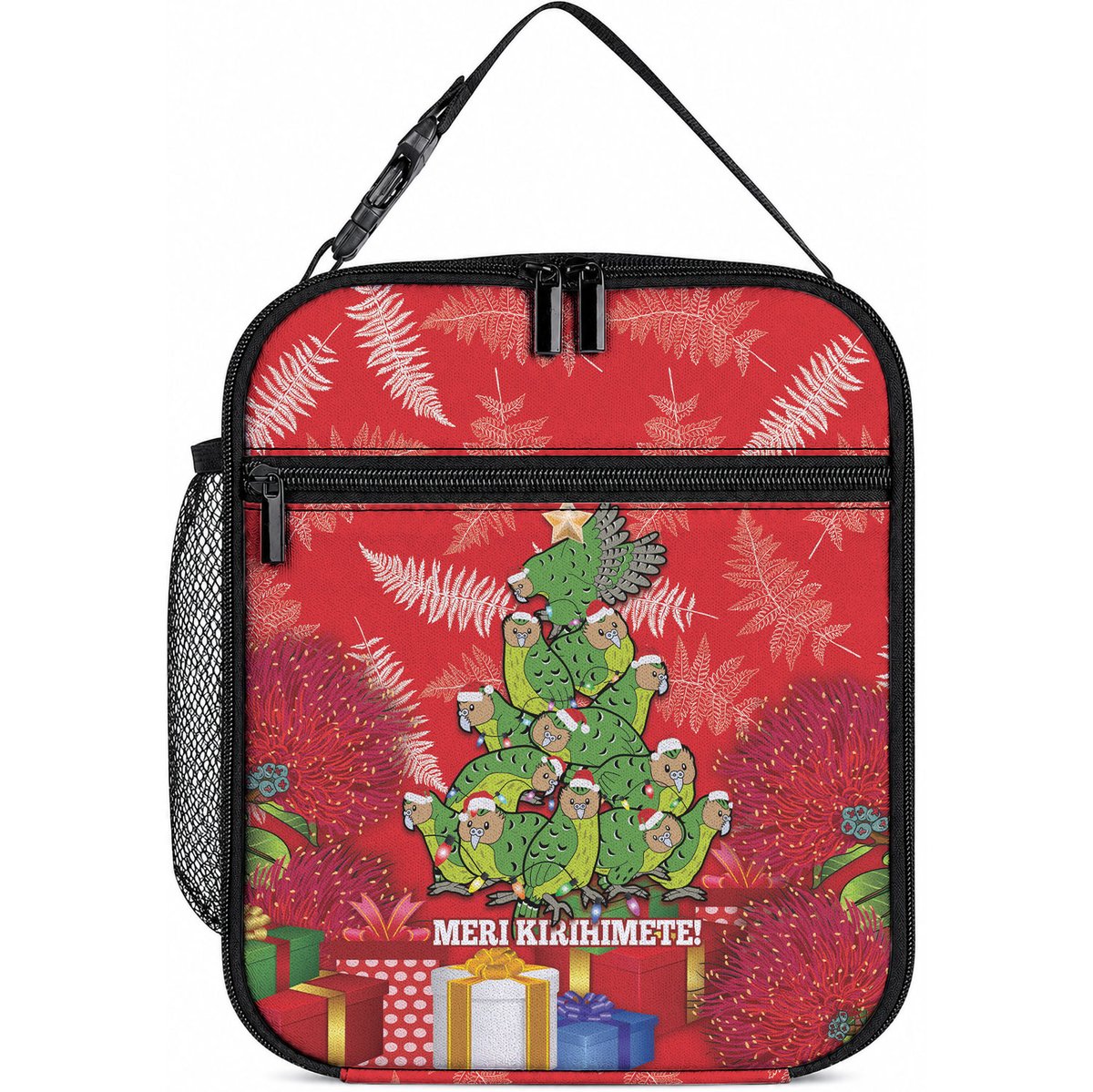 Kakapo New Zealand Christmas Lunch Bag Meri Kirihimete Pohutukawa - Red Color