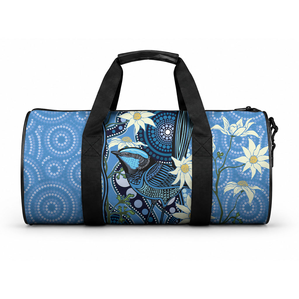 Australia Flannel Flower With Superb Fairy-wren Duffle Bag Aboriginal Art
