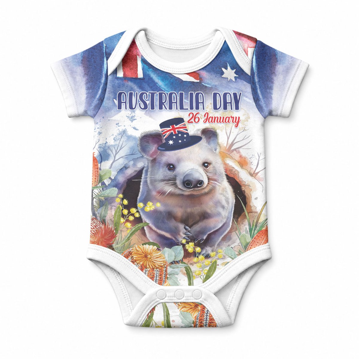 Wombat Australia Day Baby Onesie Happy 26 January - Banksia Watercolor