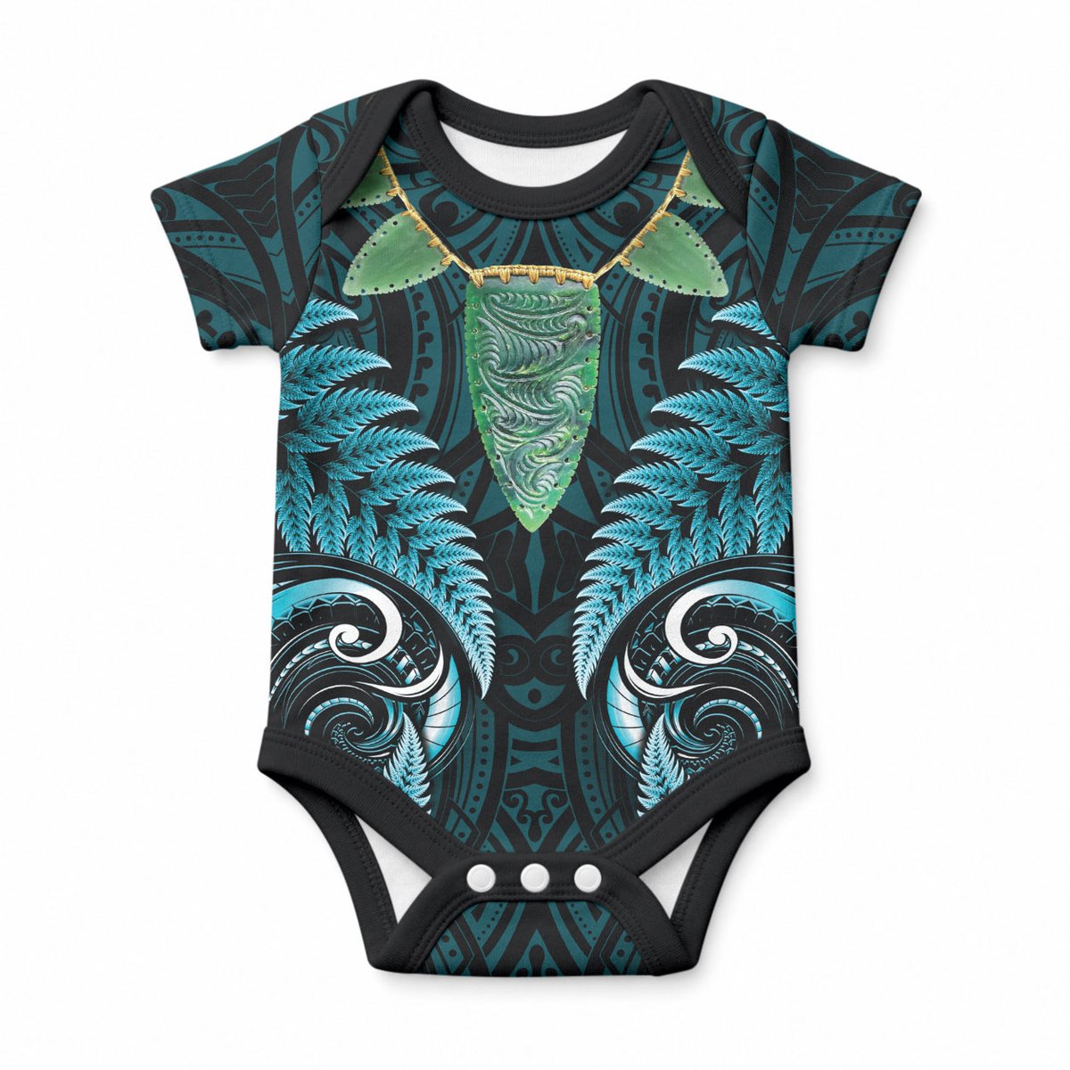 Aotearoa Pounamu Niho Baby Onesie Silver Fern Mix Maori Pattern - Turquoise