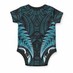 Aotearoa Pounamu Niho Baby Onesie Silver Fern Mix Maori Pattern - Turquoise