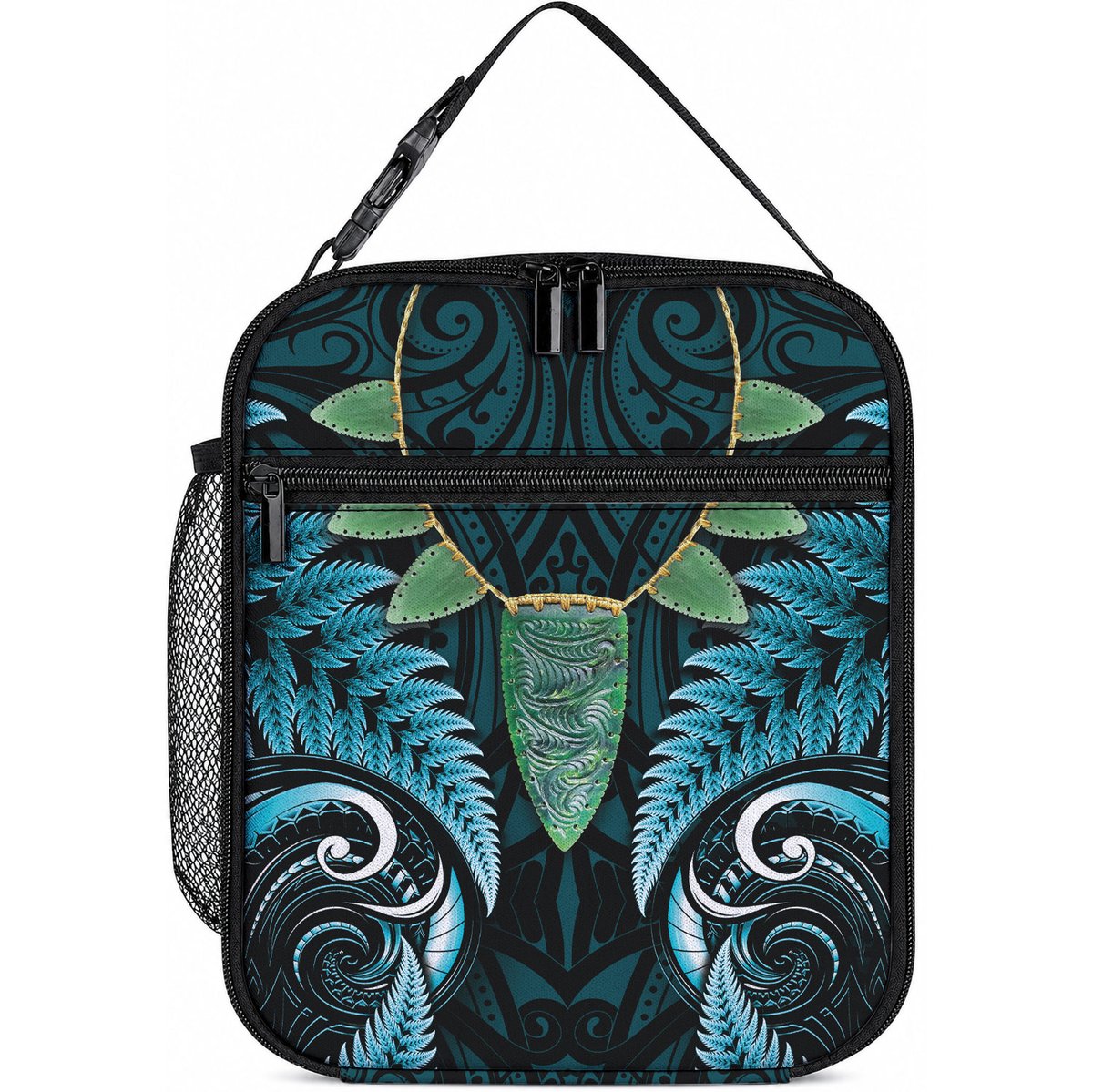 Aotearoa Pounamu Niho Lunch Bag Silver Fern Mix Maori Pattern - Turquoise
