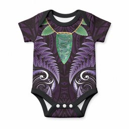 Aotearoa Pounamu Niho Baby Onesie Silver Fern Mix Maori Pattern - Purple