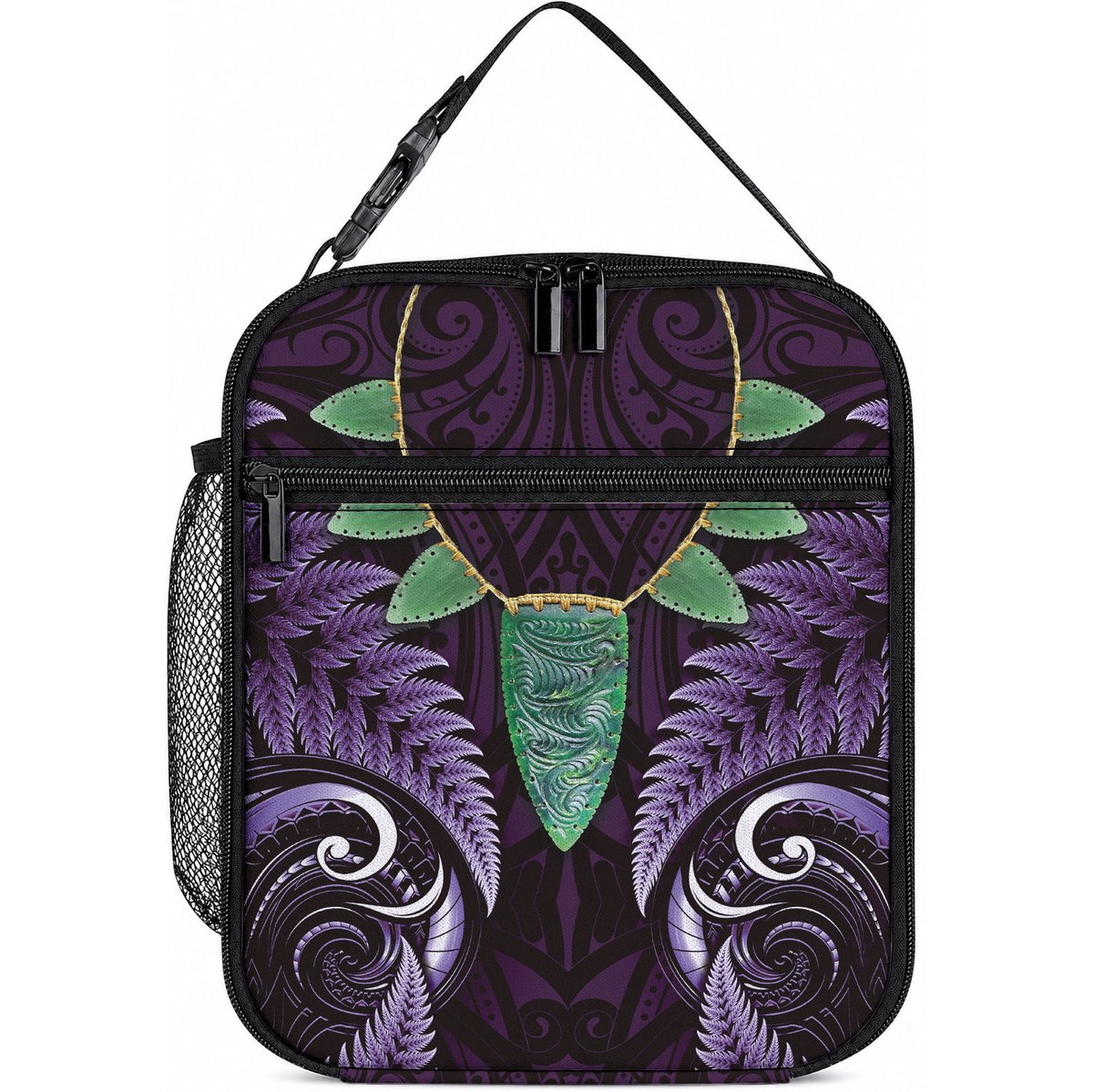 Aotearoa Pounamu Niho Lunch Bag Silver Fern Mix Maori Pattern - Purple