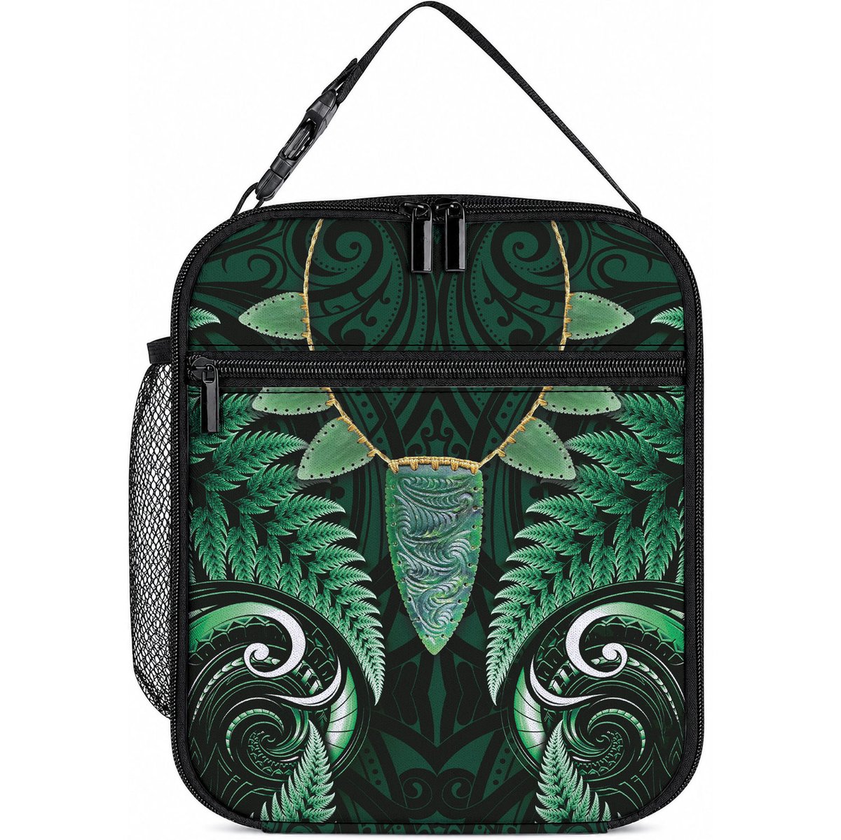 Aotearoa Pounamu Niho Lunch Bag Silver Fern Mix Maori Pattern - Green