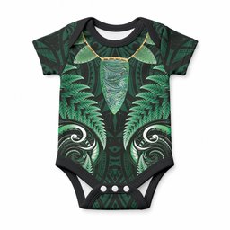 Aotearoa Pounamu Niho Baby Onesie Silver Fern Mix Maori Pattern - Green