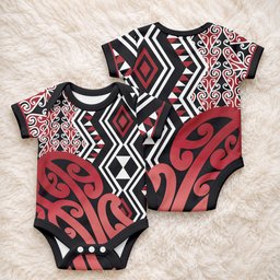 New Zealand Baby Onesie Aotearoa Kowhaiwhai Mix Taniko Art - Red