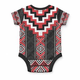 Red Taniko Motifs Aotearoa Baby Onesie Niho Taniwha Mix Poutama