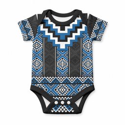 Blue Taniko Motifs Aotearoa Baby Onesie Niho Taniwha Mix Poutama