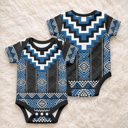 Blue Taniko Motifs Aotearoa Baby Onesie Niho Taniwha Mix Poutama