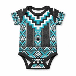 Turquoise Taniko Motifs Aotearoa Baby Onesie Niho Taniwha Mix Poutama