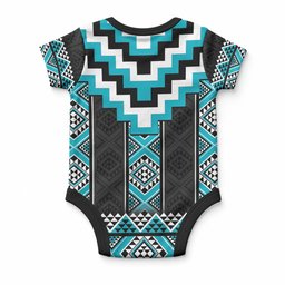 Turquoise Taniko Motifs Aotearoa Baby Onesie Niho Taniwha Mix Poutama