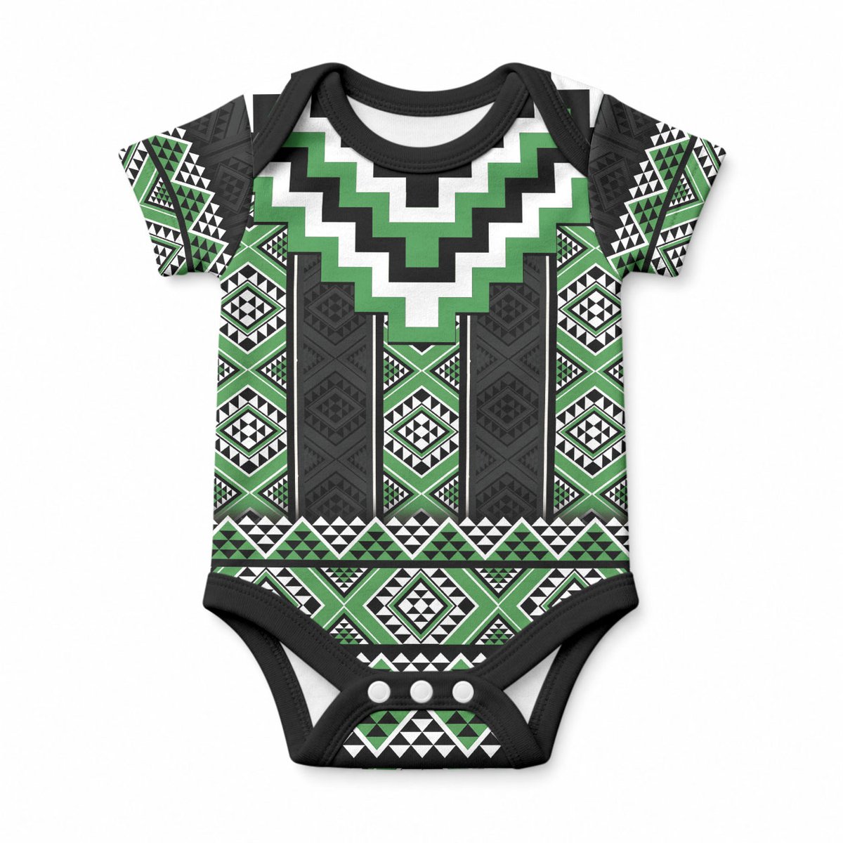 Green Taniko Motifs Aotearoa Baby Onesie Niho Taniwha Mix Poutama