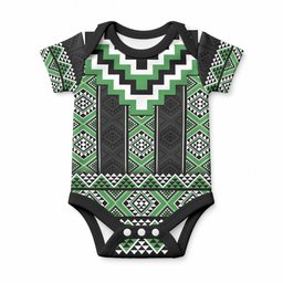 Green Taniko Motifs Aotearoa Baby Onesie Niho Taniwha Mix Poutama