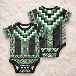 Green Taniko Motifs Aotearoa Baby Onesie Niho Taniwha Mix Poutama