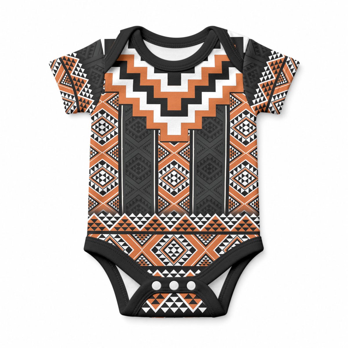 Orange Taniko Motifs Aotearoa Baby Onesie Niho Taniwha Mix Poutama