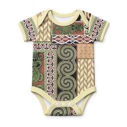 Beige Aotearoa Kowhaiwhai Pattern Baby Onesie NZ Maori Quilt Style