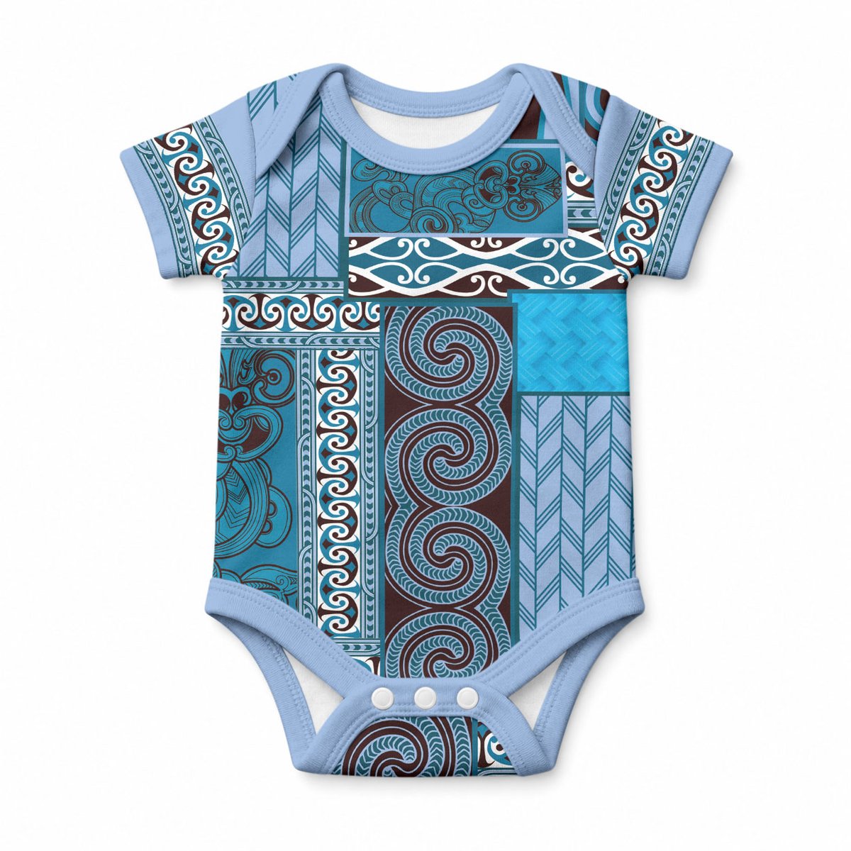 Blue Aotearoa Kowhaiwhai Pattern Baby Onesie NZ Maori Quilt Style