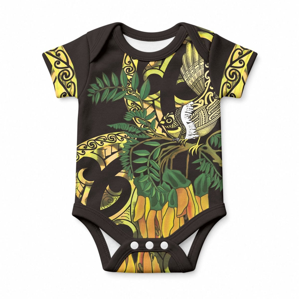 Yellow New Zealand Kowhai And Piwakawaka Baby Onesie Maori Ngaru Paua Shell