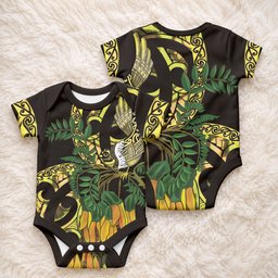 Yellow New Zealand Kowhai And Piwakawaka Baby Onesie Maori Ngaru Paua Shell