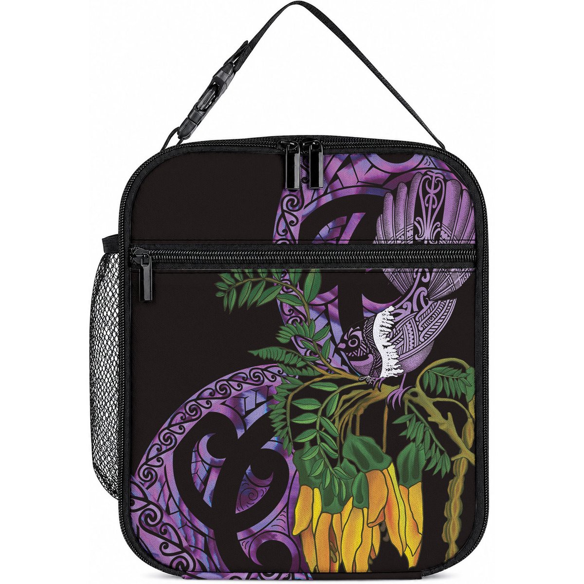 Purple New Zealand Kowhai And Piwakawaka Lunch Bag Maori Ngaru Paua Shell