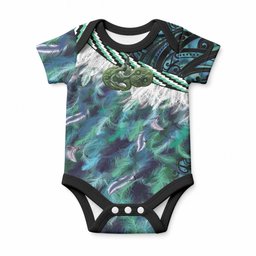 Turquoise Traditional Cloak Aotearoa Baby Onesie Maori Paua Shell Korowai Pattern