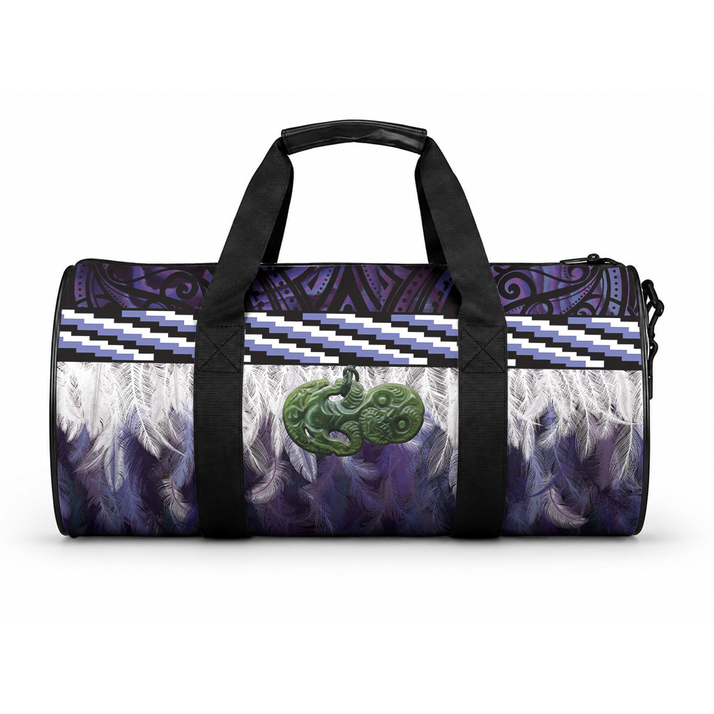 Purple Traditional Cloak Aotearoa Duffle Bag Maori Paua Shell Korowai Pattern