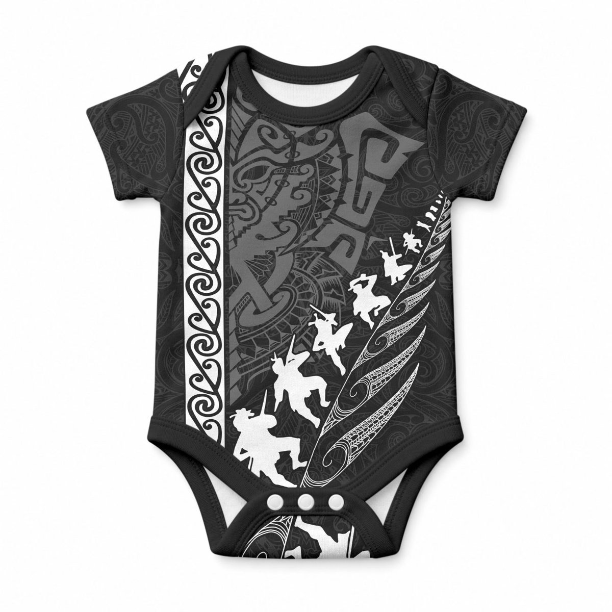 Custom New Zealand Rugby Baby Onesie Haka Dance Tribal God Mask Maori Pattern