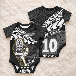 Custom New Zealand Rugby Baby Onesie Maori Warrior Rugby Silver Fern Tribal Pattern