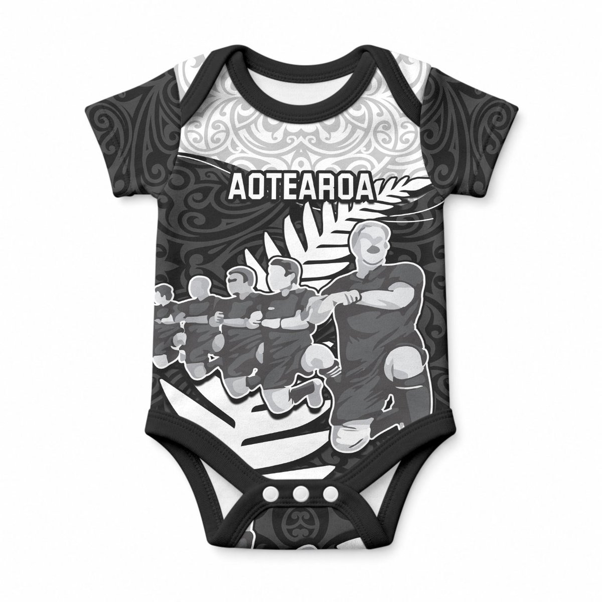 New Zealand World Cup 2023 Baby Onesie Aotearoa Haka Rugby with Silver Fern Maori Ethnic Pattern