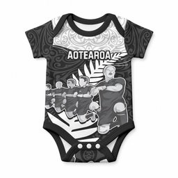 New Zealand World Cup 2023 Baby Onesie Aotearoa Haka Rugby with Silver Fern Maori Ethnic Pattern