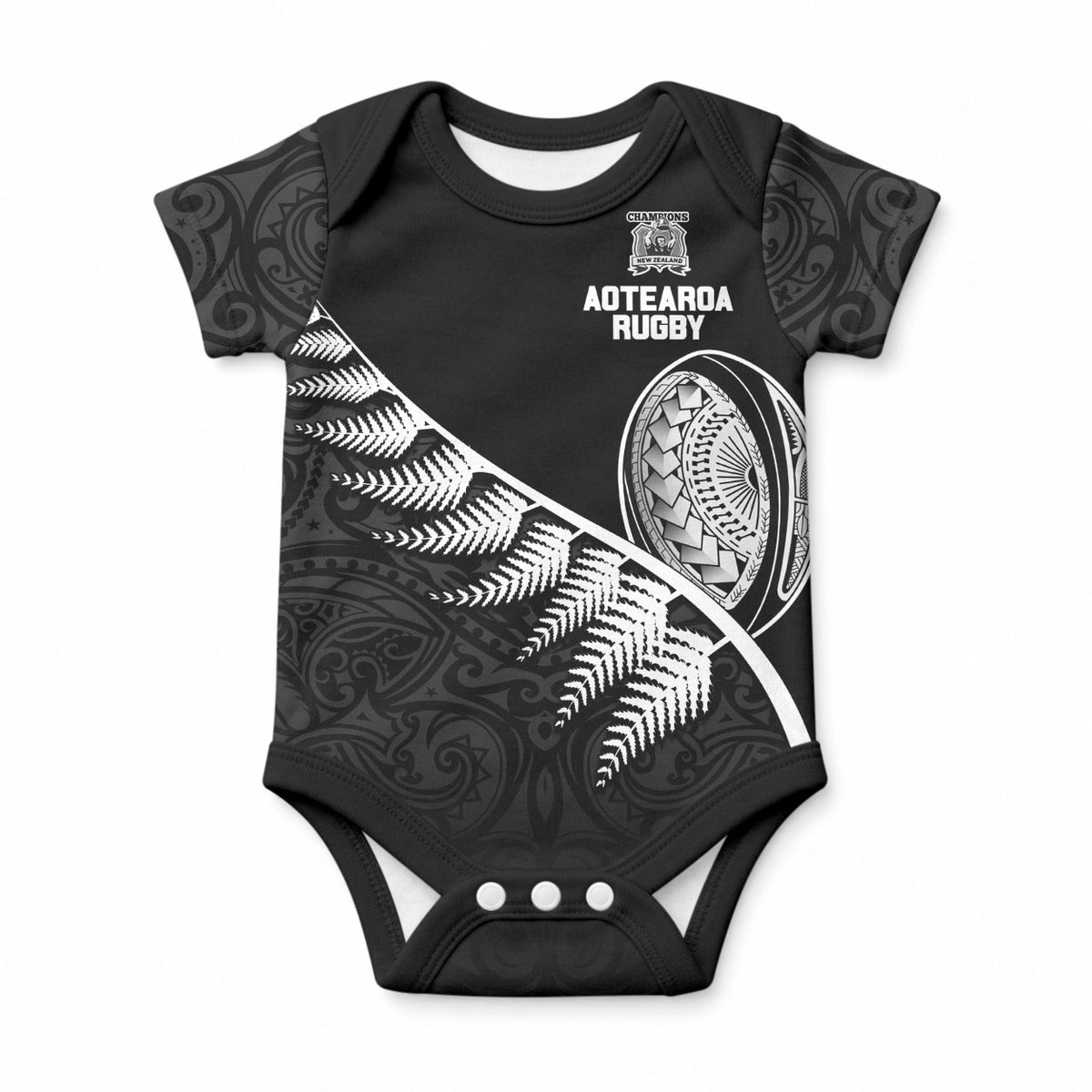 Custom New Zealand World Cup 2023 Baby Onesie Aotearoa Champion Rugby with Silver Fern Maori Ethnic Pattern