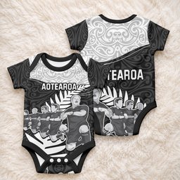 New Zealand World Cup 2023 Baby Onesie Aotearoa Haka Rugby with Silver Fern Maori Ethnic Pattern