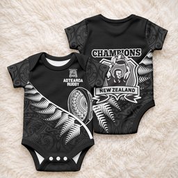 New Zealand World Cup 2023 Baby Onesie Aotearoa Champion Rugby with Silver Fern Maori Ethnic Pattern
